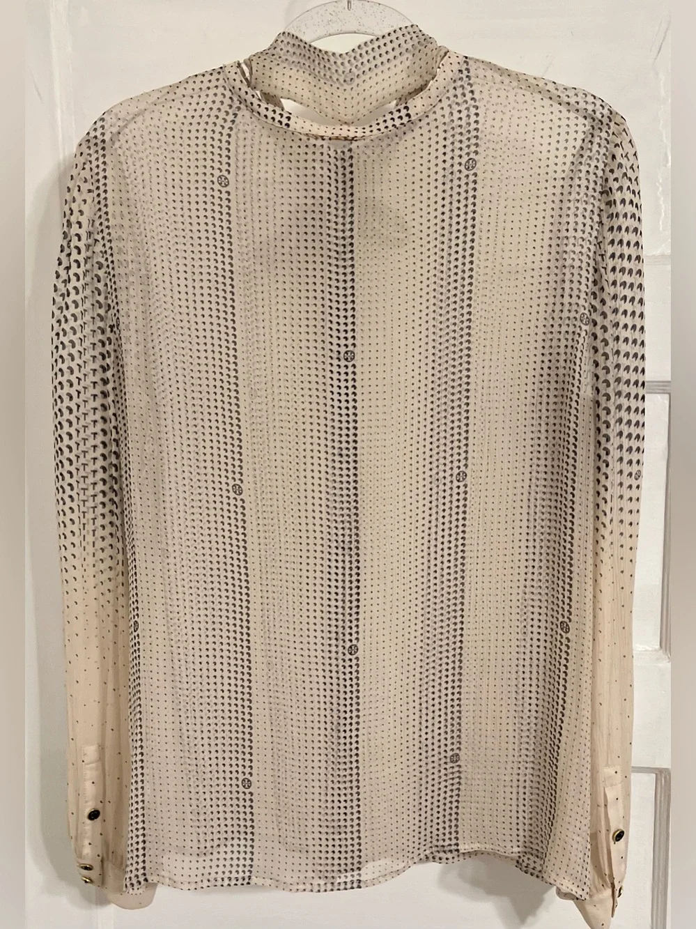Tory Burch Cream Sheer Bow-Neck Blouse with Black Dot Stripe Logo on Buttons - Picture 5 of 13